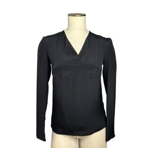 DEREK LAM 100% Silk Black V-Neck Long Sleeve Blouse Sz 2 Designer Basic Neutral